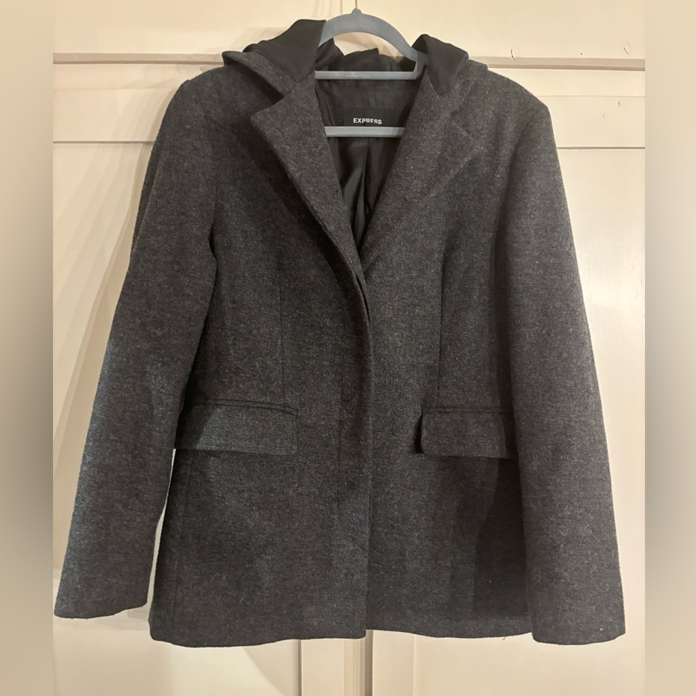 Express Wool Pea Coat w/Hood.  W 13/14.  Good Condition